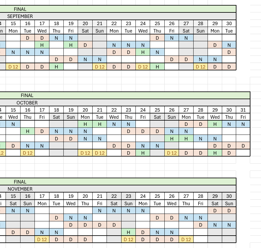 Old excel schedules